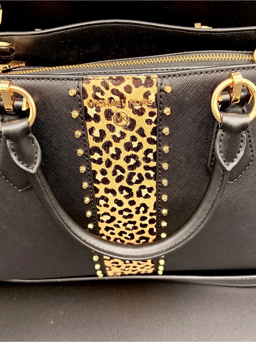 Michael Kors Marilyn Medium Leopard Print Saffiano Leather Satchel Handbag Purse